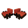 Pair of low vintage armchairs in black lacquered wood and fabric, 1970s