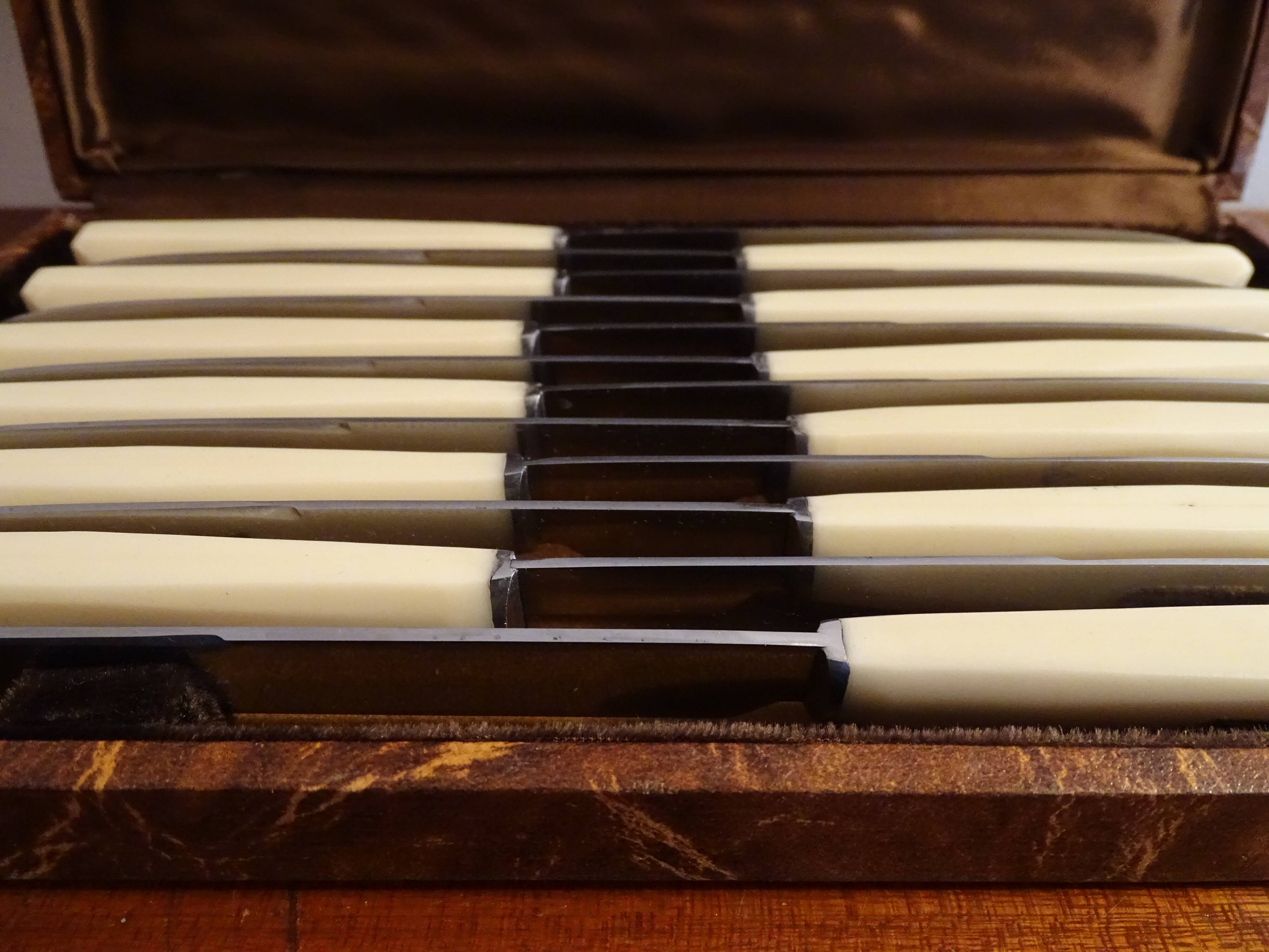 12 knives handled in Art Deco bone 1930 in case