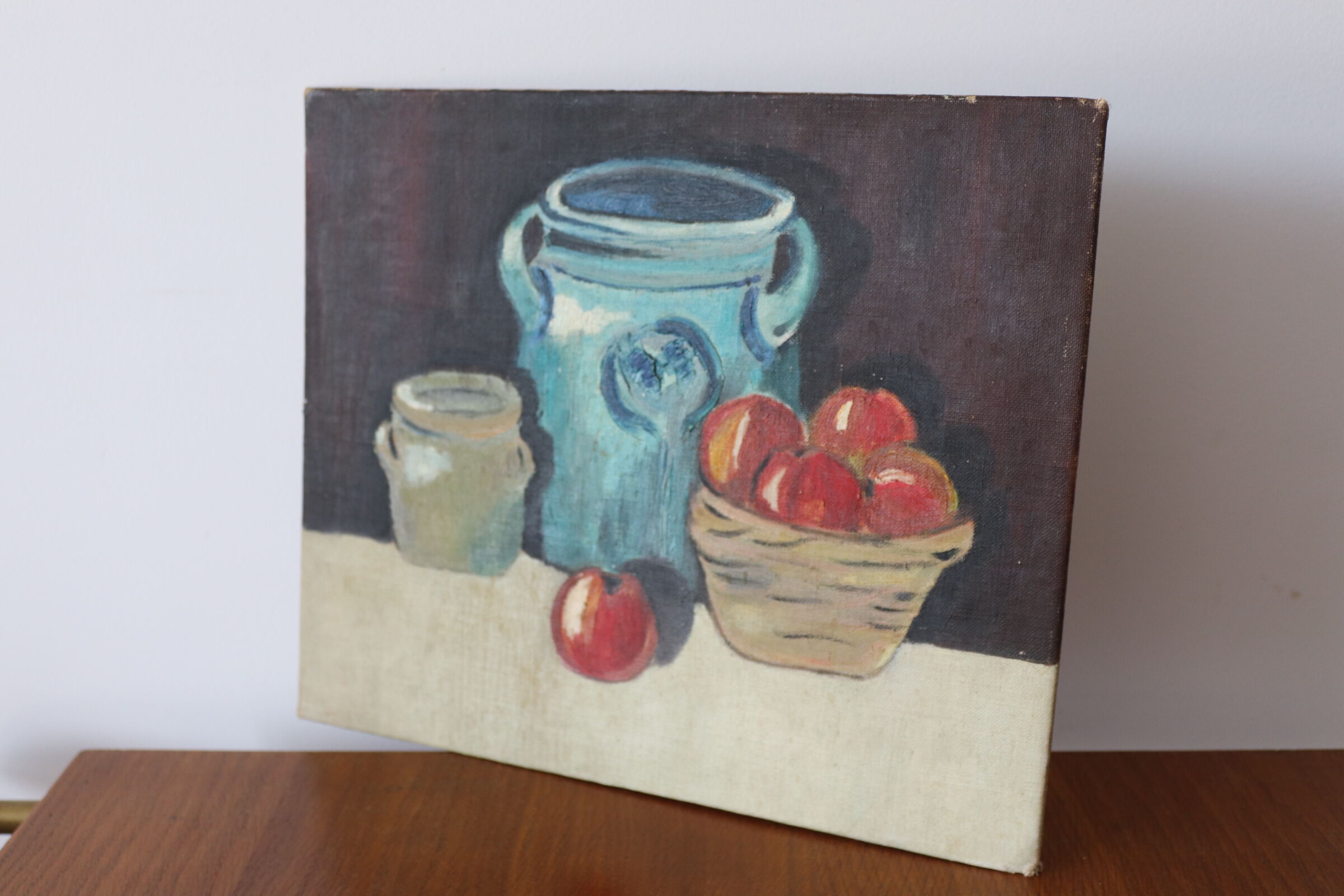 Oil on panel sandstone pot and apples