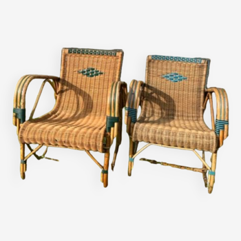 Duo de fauteuils en rotin avant-guerre