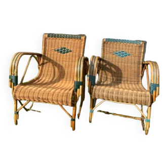 Pre-war rattan armchair duo