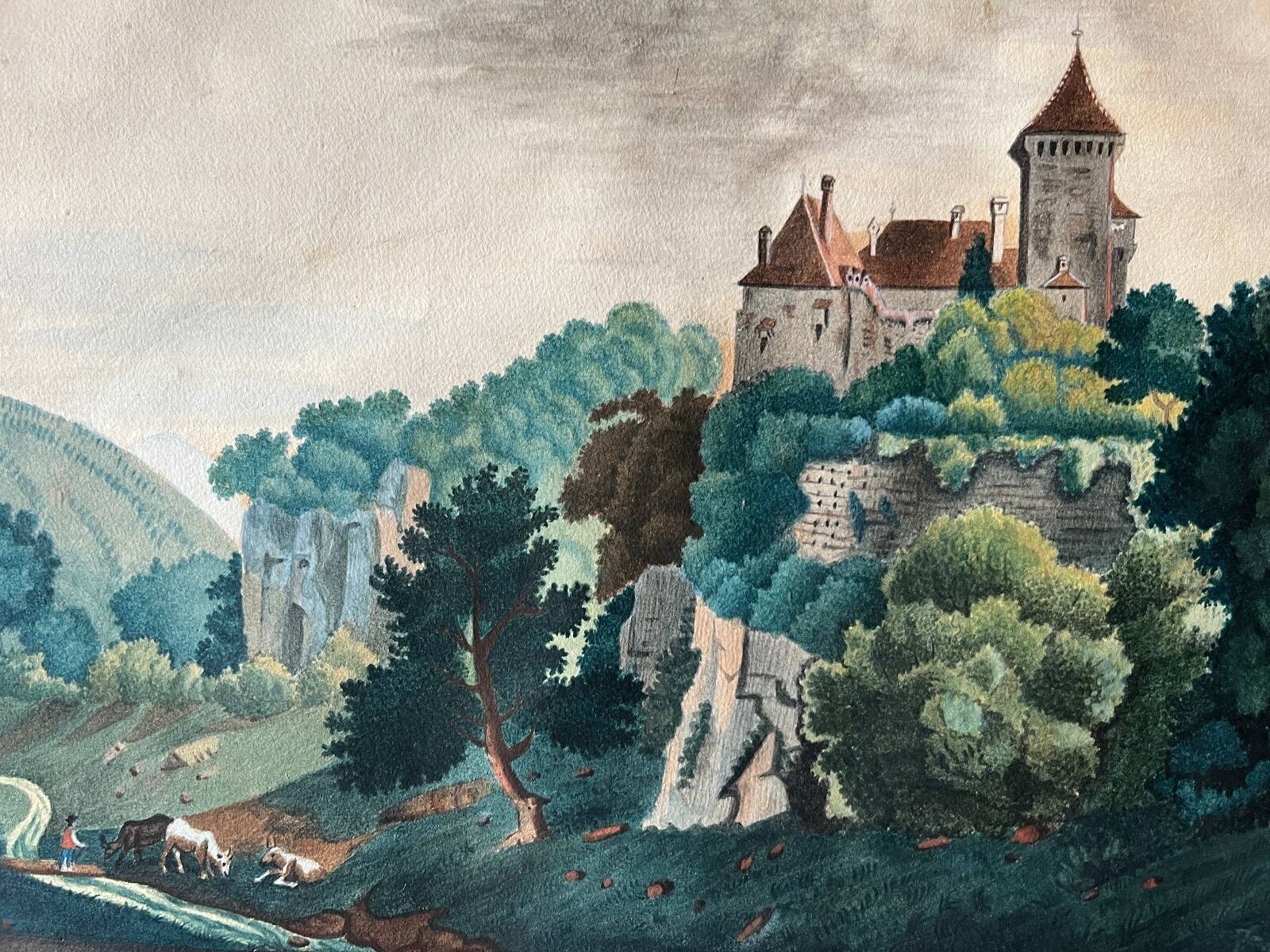 Watercolour painting XVIII "View of Lasaratz - Château de Sarraz" Canton of Va