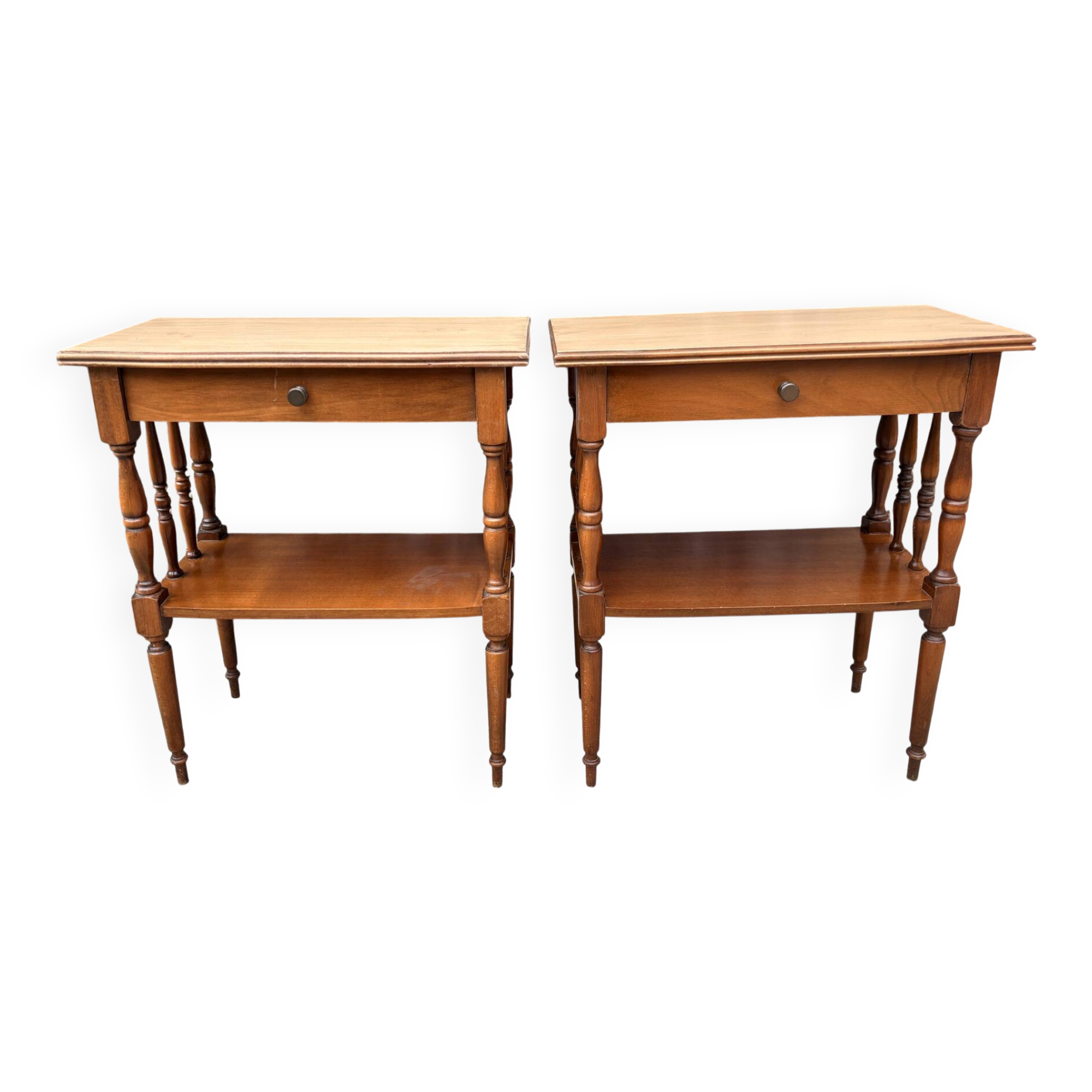 Pair of bedside tables or double-top wooden turned side tables Sty