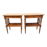 Paire de tables de chevet ou bouts de canapé double plateau bois tourné Sty