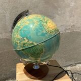 Globe vintage éclairé pied en bois monture argenté déco bureau ancien