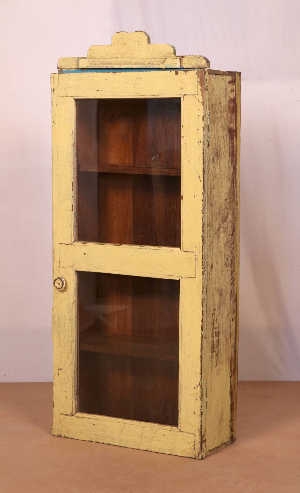 old Art Deco wall showcase in original yellow teak
