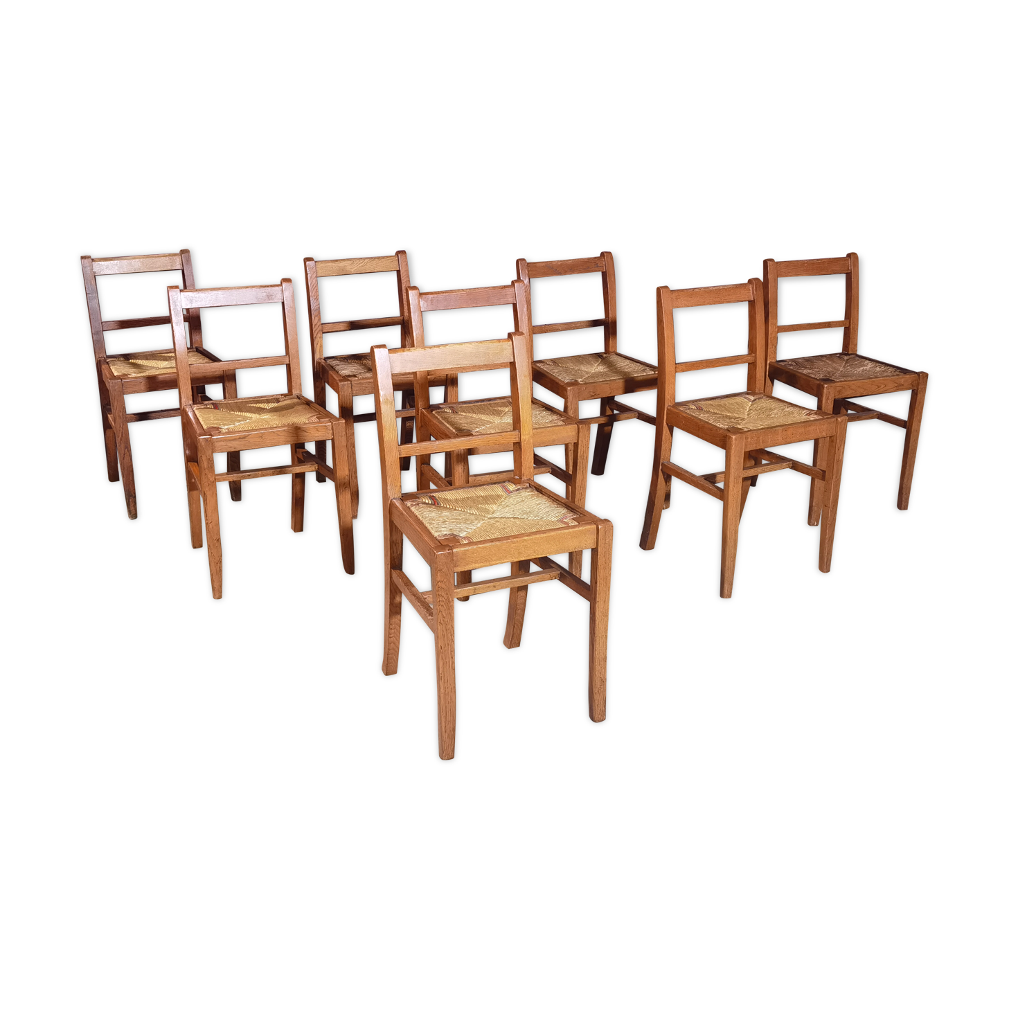 Lot de 8 chaises Reconstruction 1950 Chêne et paille