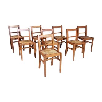 Lot of 8 chairs Reconstruction 1950 Oak and Straw