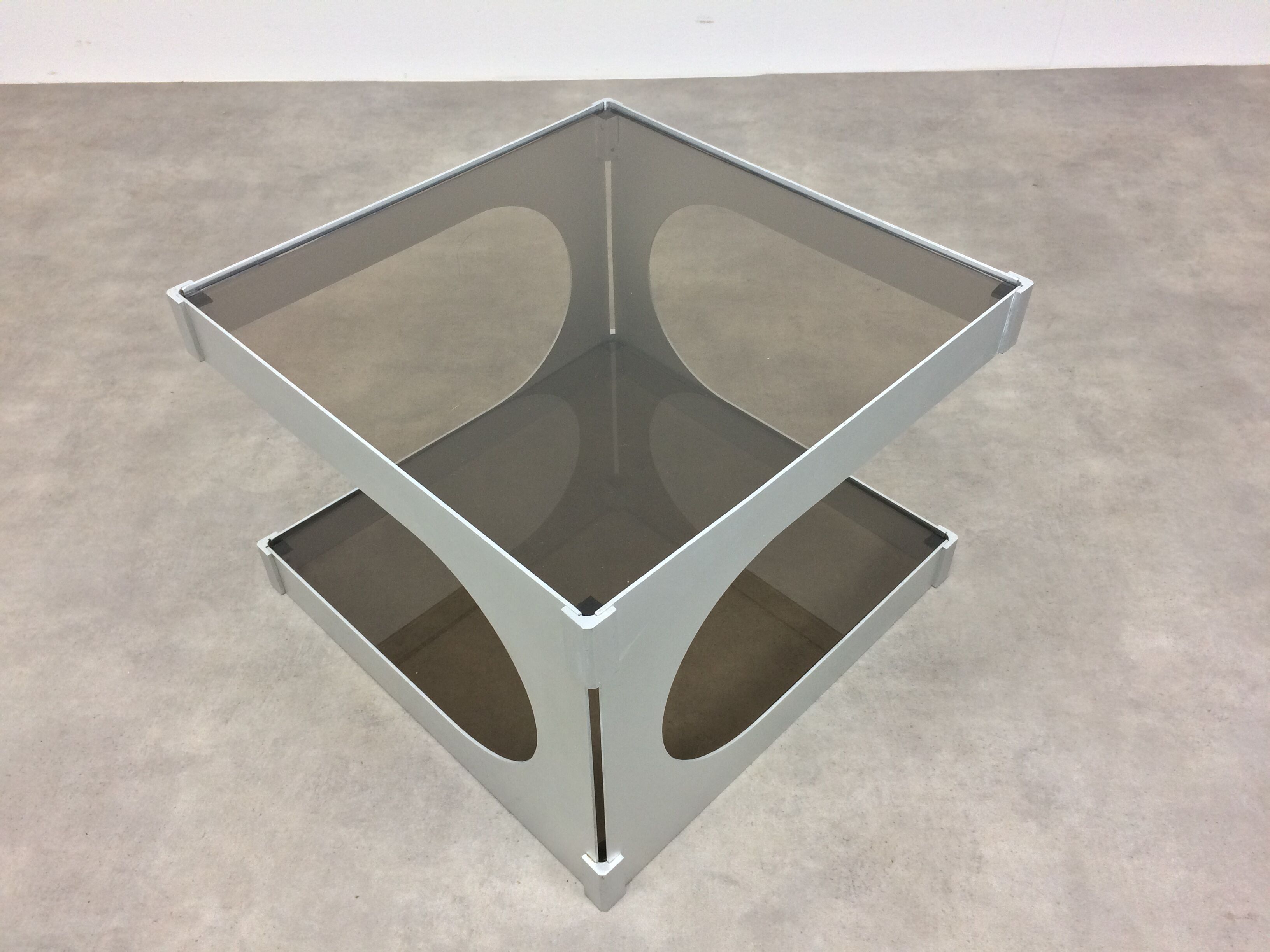 Side table space age aluminum smoked glass, end of sofa 1970