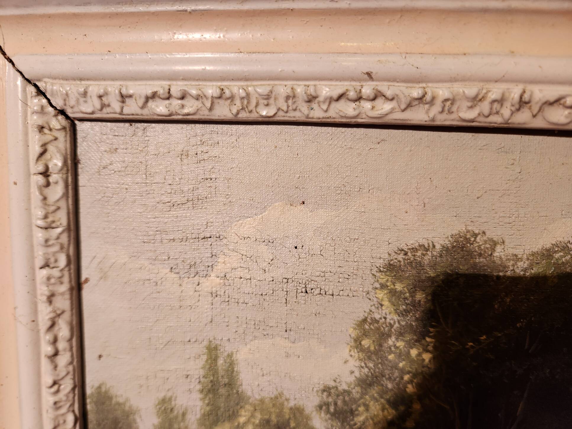 Old painting Oil on canvas Animated lake landscape signed Henry