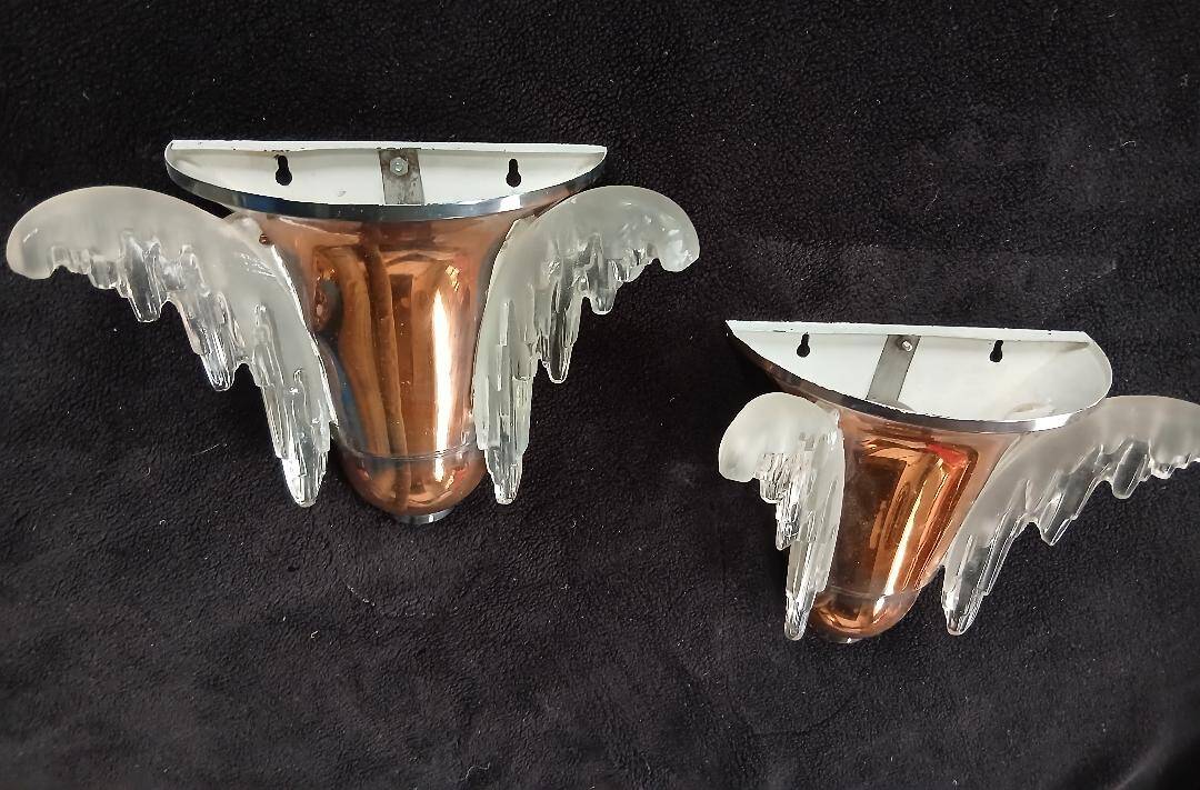 Exceptional pair of art deco wall lights by ezan france & copper metal