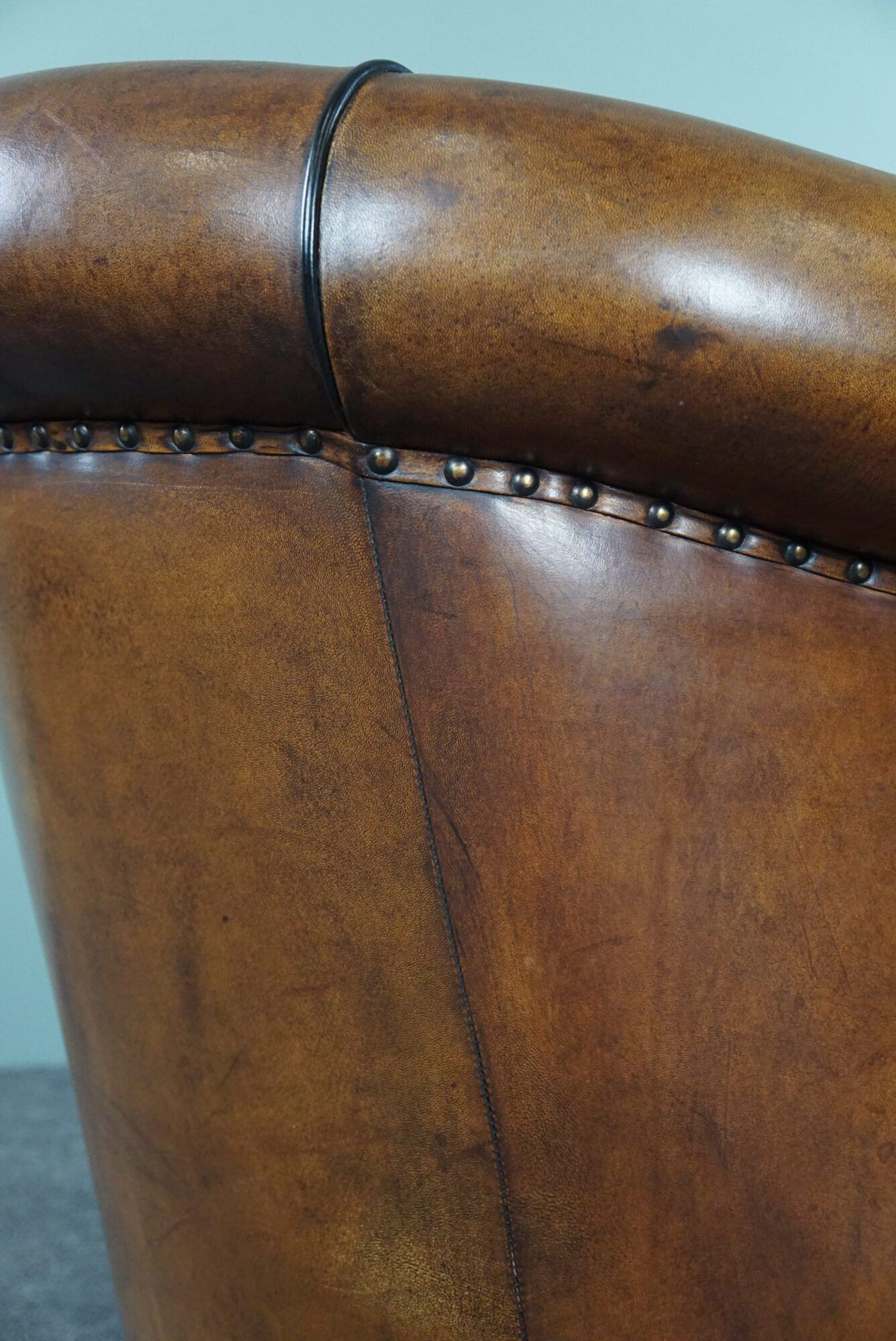 Club armchair in sheepskin with black piping