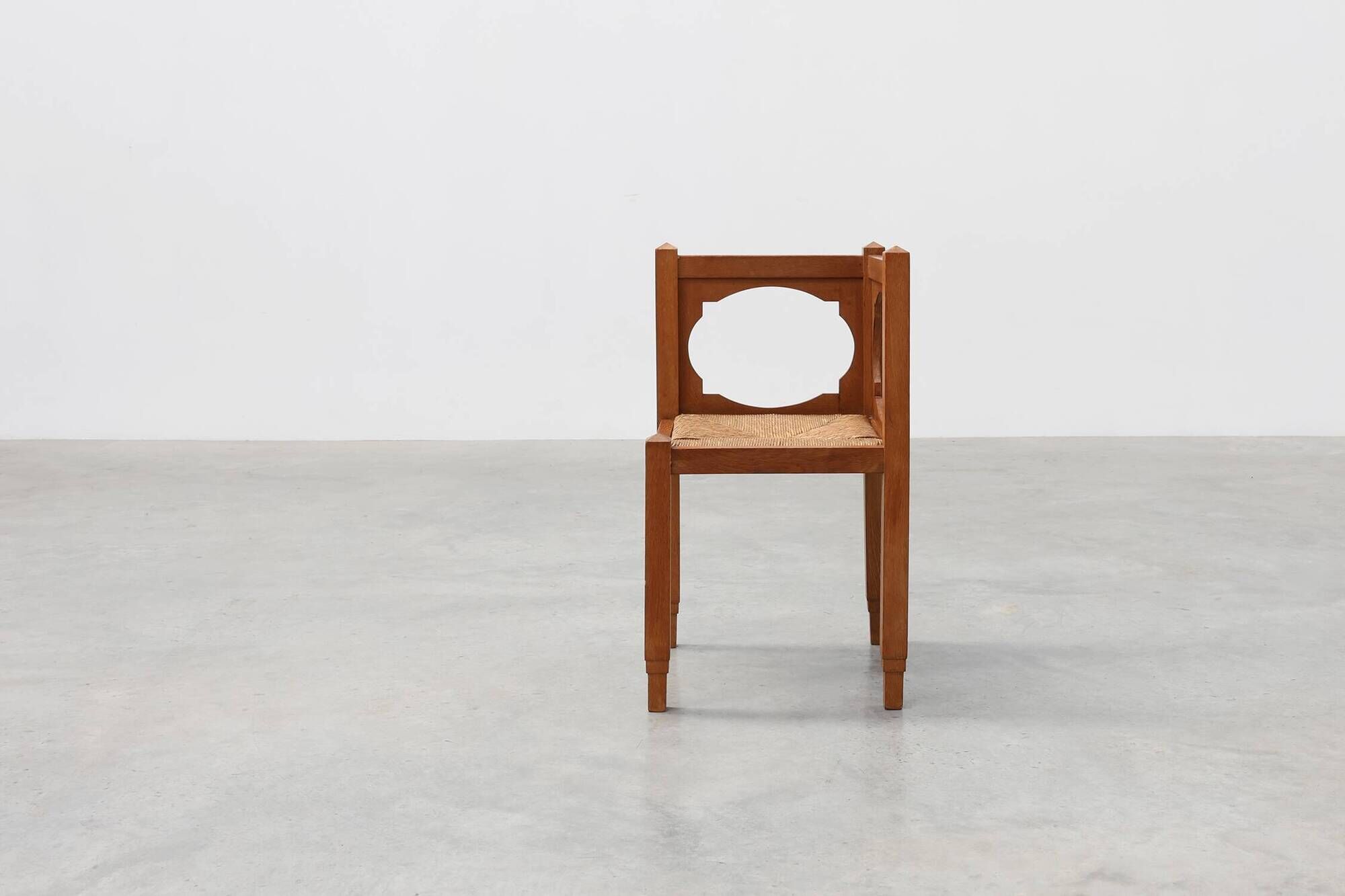 Art Deco Oak Corner Chair with Cut‑Out Backrest and Rush Seat, Belgium, cir