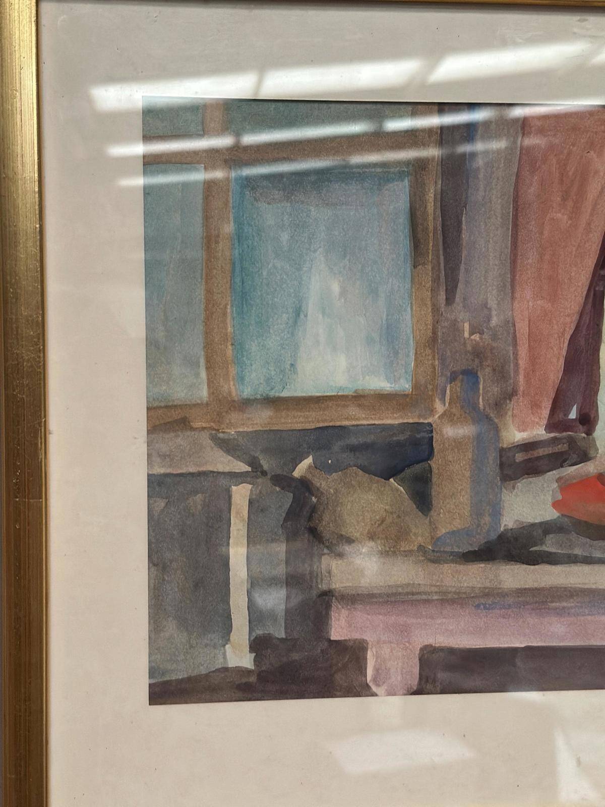 Original Swedish Watercolour On Paper – “Bottle And Window” By Eli Nybo – Dated 1976 – Vintage & Framed