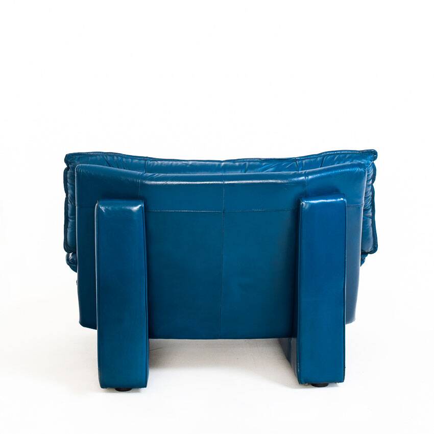 Vintage blue leather armchair and pouf by Nicoletti Salotti - Italy 80s