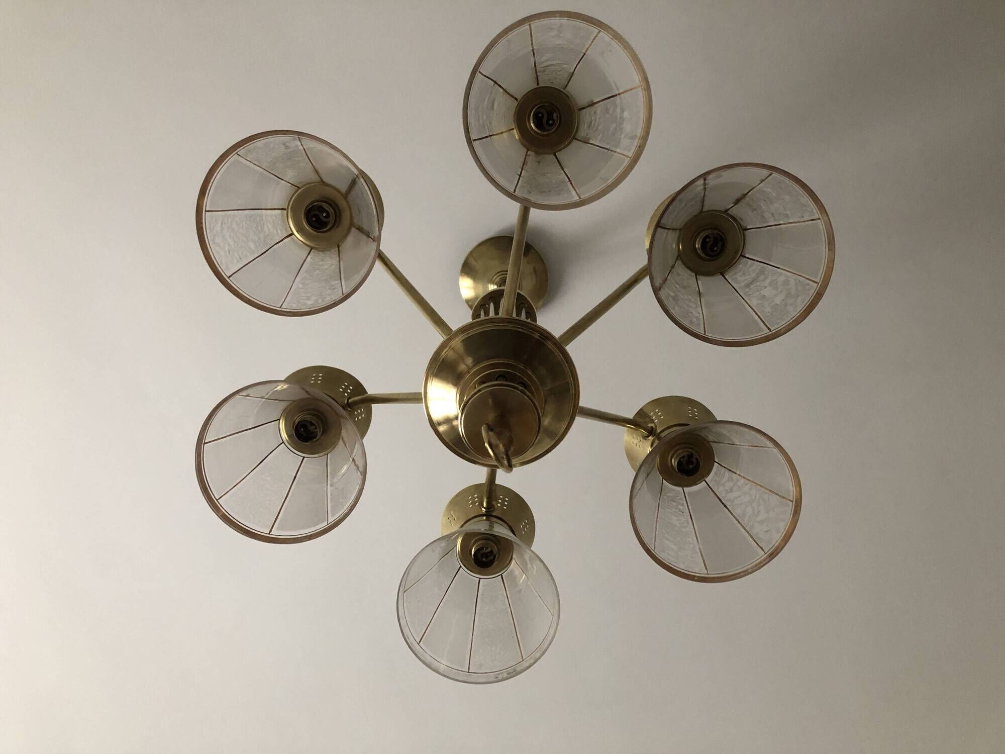 1950s six-branch brass and glass chandelier
