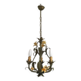 Chandelier vintage français à 3 lumières, design floral peint à la main