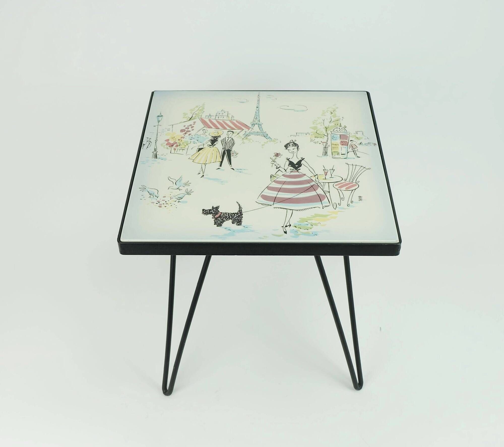 Plant stand with ceramic tile top paris motif metal frame hairpin legs 50s