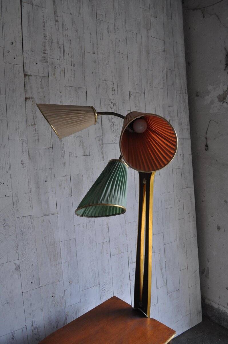 Illuminated cocktail cabinet in brown walnut and brass, multicoloured lampshades, 1950s.