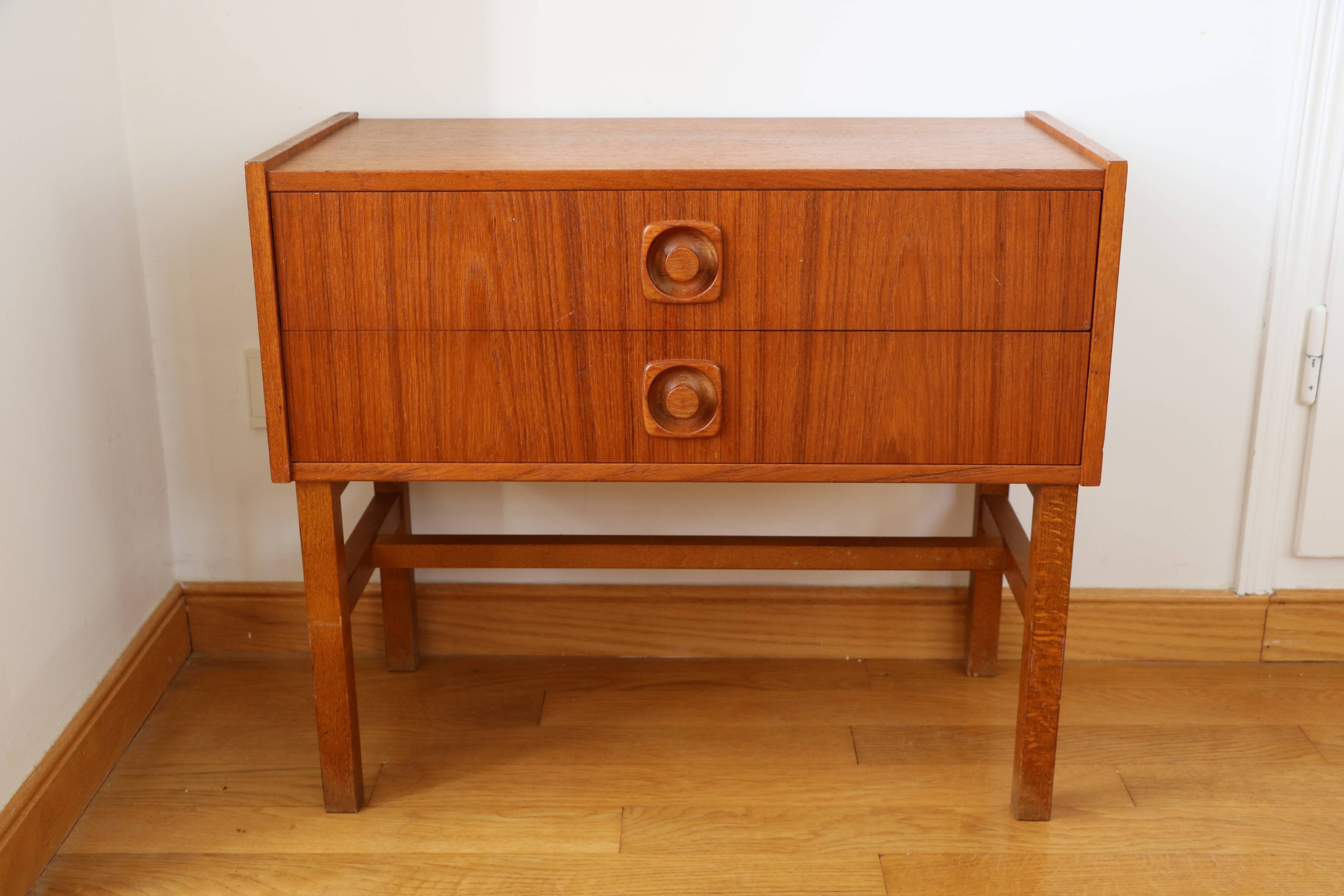 Bedside table, small Scandinavian chest of drawers, 1960, teak.