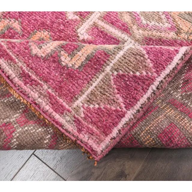 Vintage Pink Geometric Turkish Hand-Knotted Runner 80x361