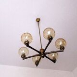 Angelo Brotto gold-plated brass chandelier with 6 globes, Italy 1960s