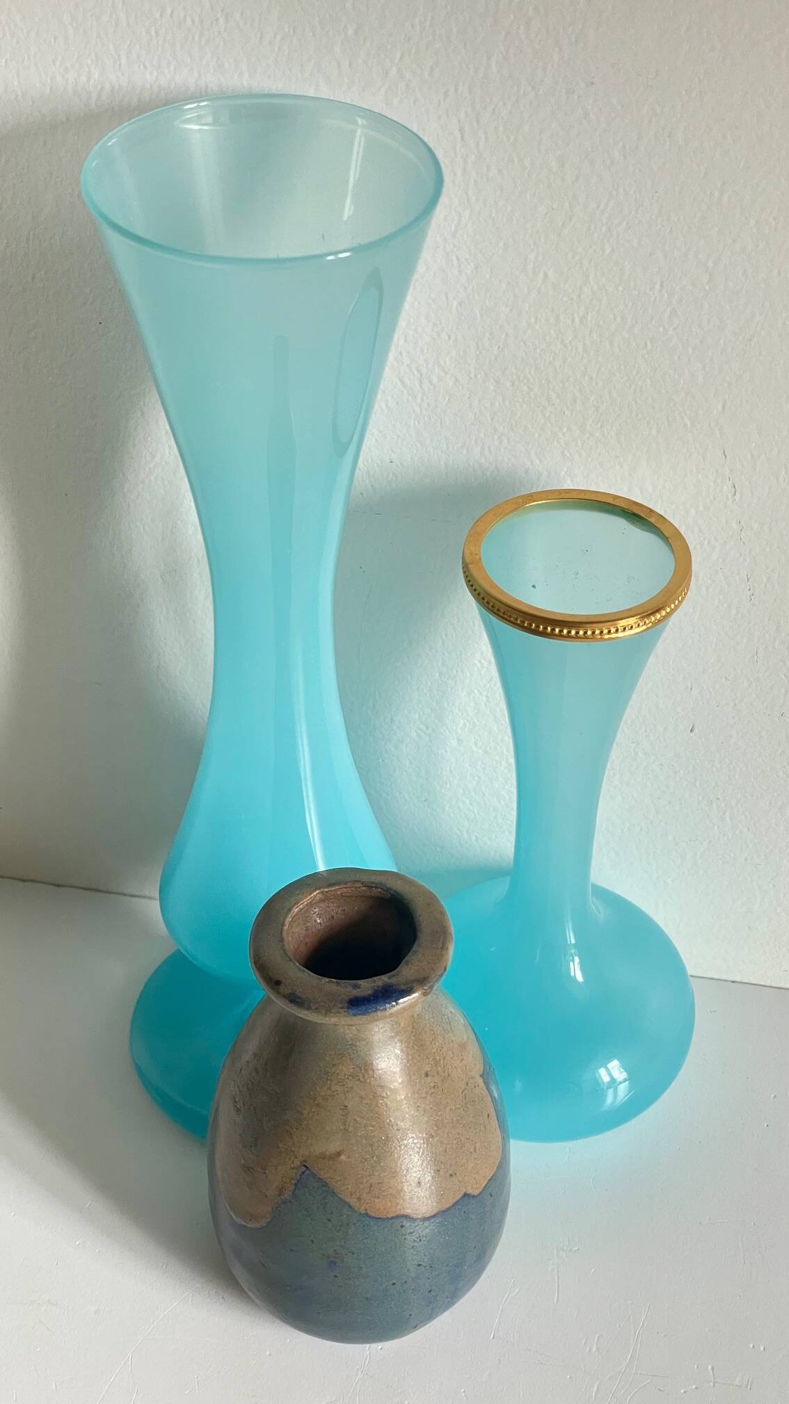 3 VASES Bleu Océan Grès et Verre OPALIN Vintage