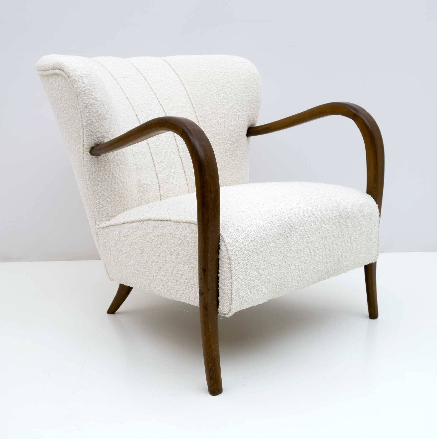 Malatesta and Masson Art Déco Style Italian Walnut and Bouclé Armchair, 50