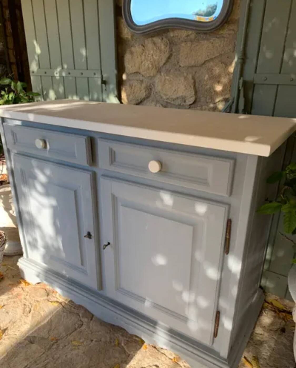 Robust country sideboard with country charm with marble handles in gray and white chalk