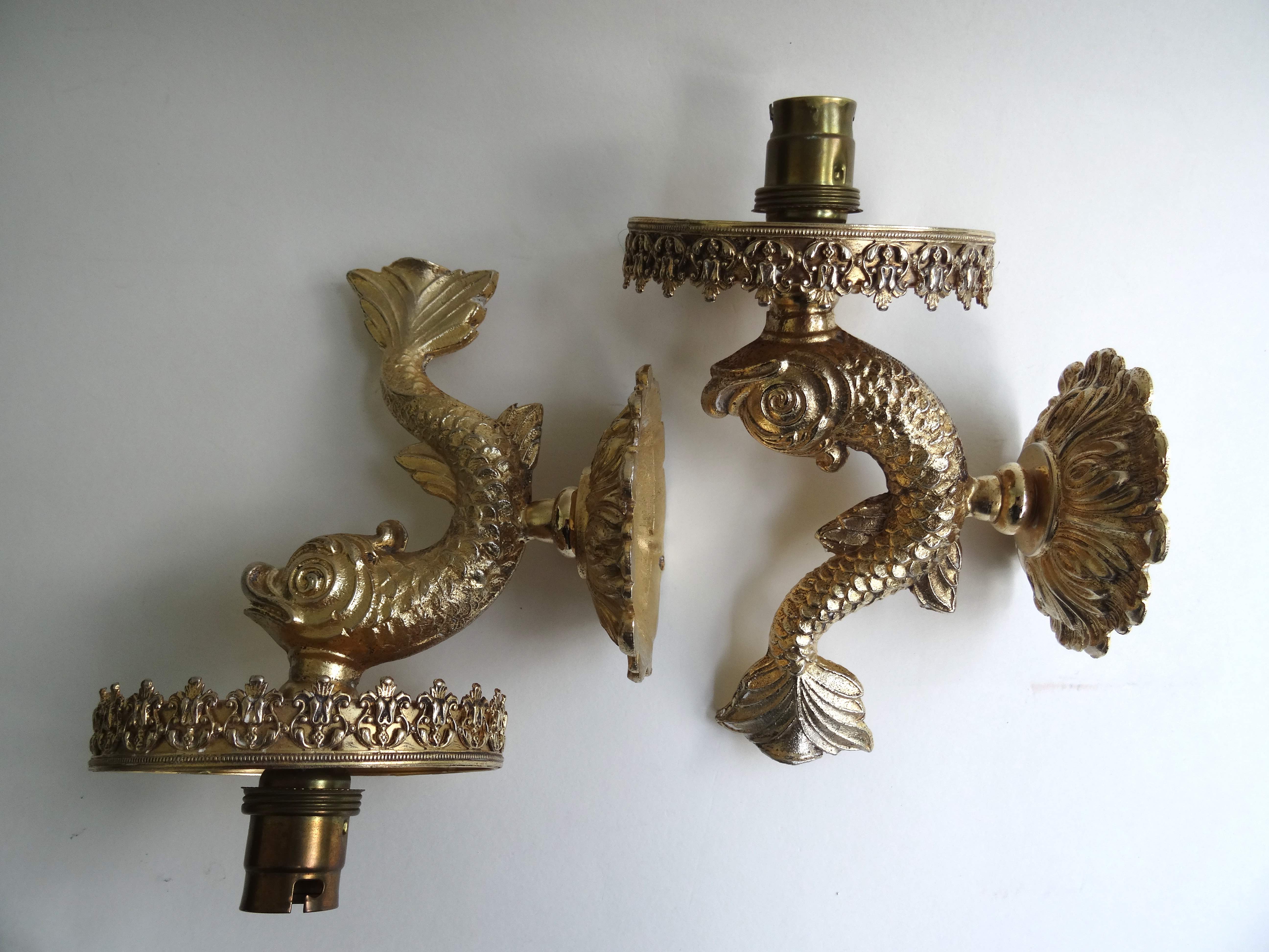 Pair of wall appliques brass fish glass