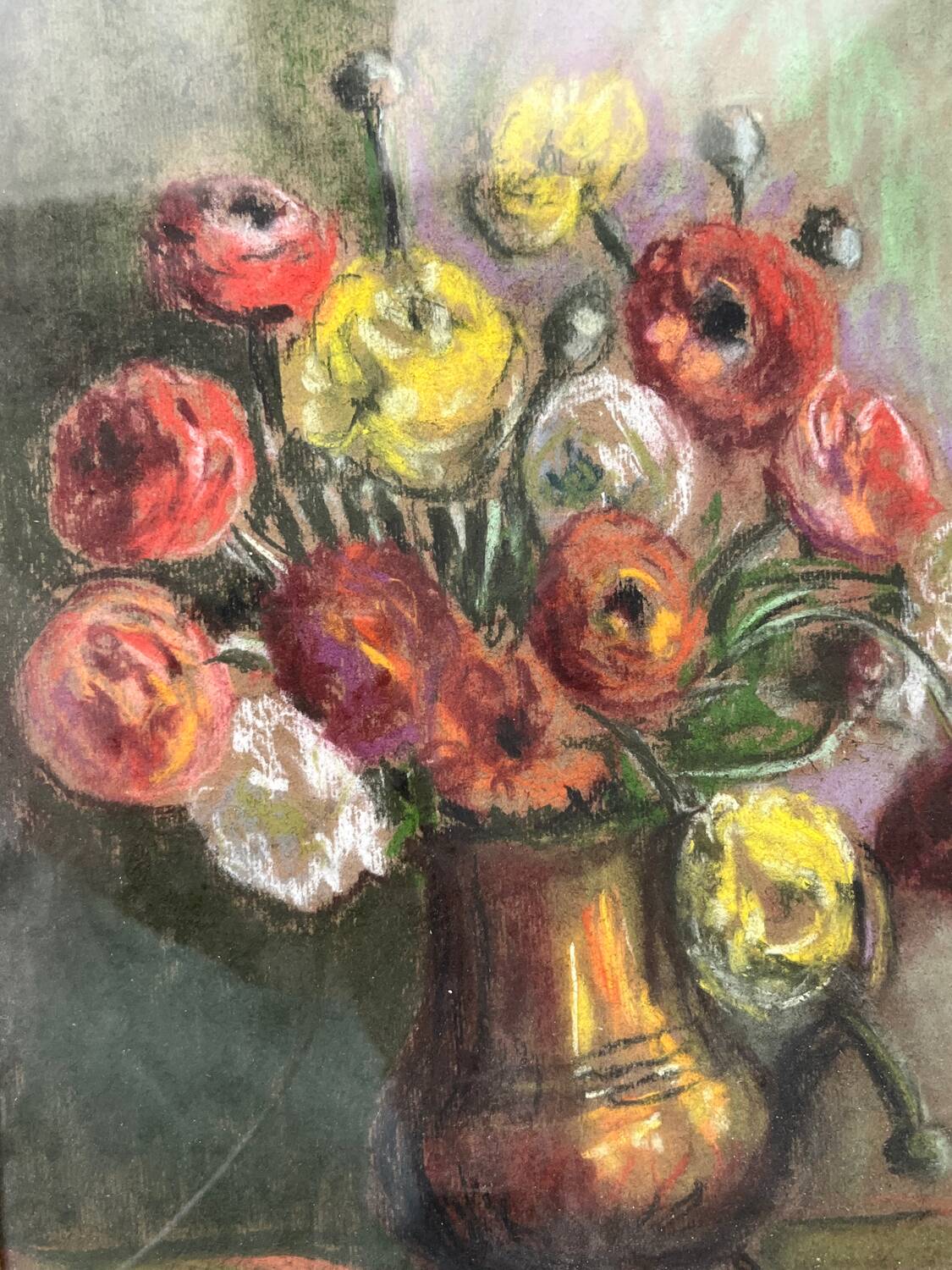 Pastel bouquet de renoncules signé T. Maisonny