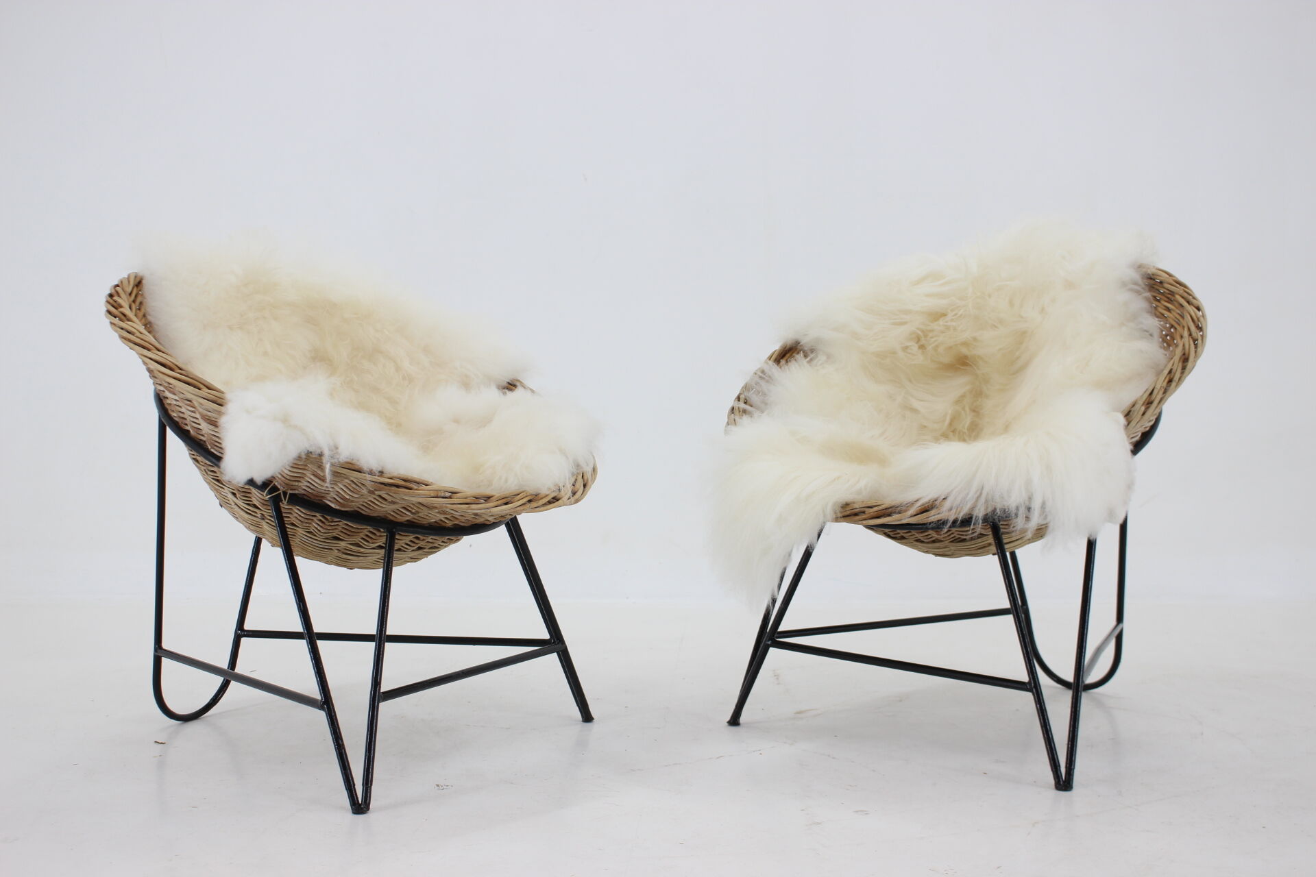1960s Pair of Rattan Woven Basket Chair with Icelandic Sheepskin
