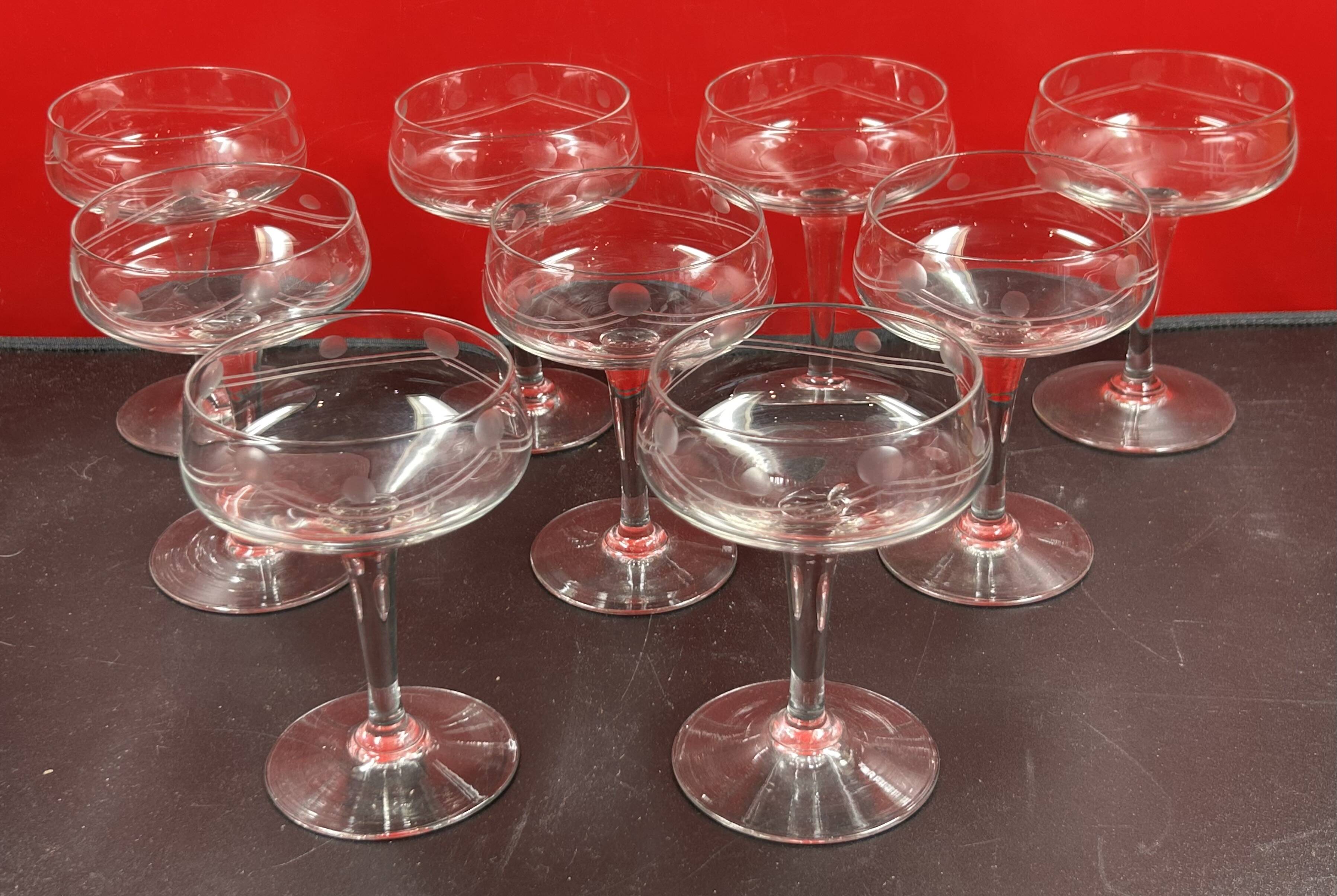 9 antique champagne glasses frosted engraved decor slender molded foot