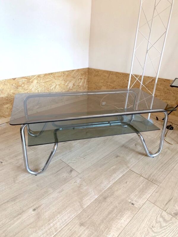 Table basse chrome et verre fumé de style BAUHAUS