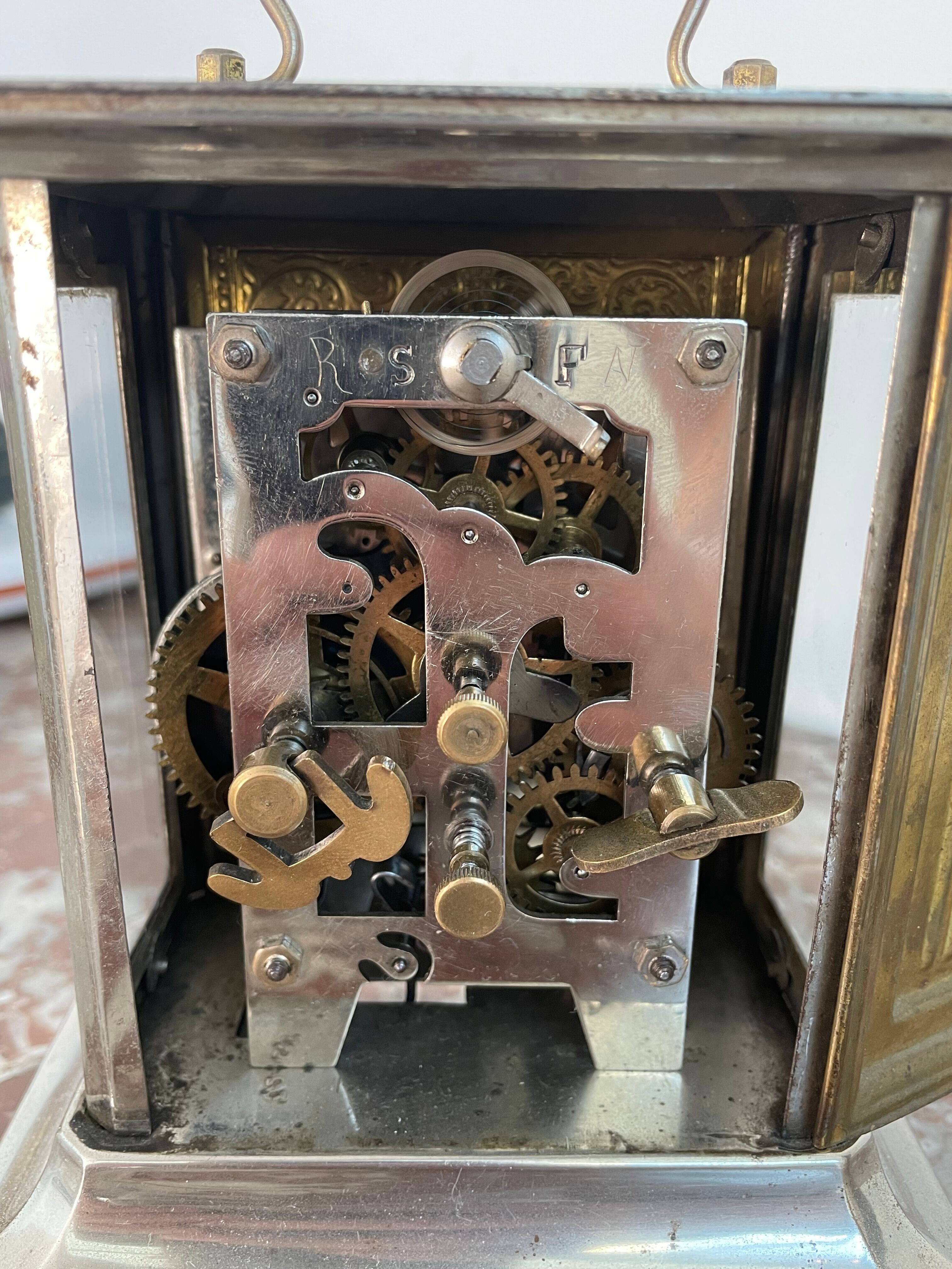 Horloge, pendule d'officier, laiton, pendule voyage, réveil, cadran, vitres latérales, restaurée