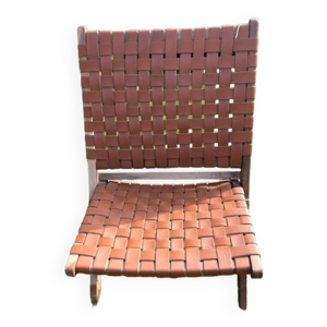 Fauteuil noyer lanières - cuir