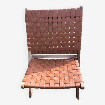 Walnut leather straps armchair