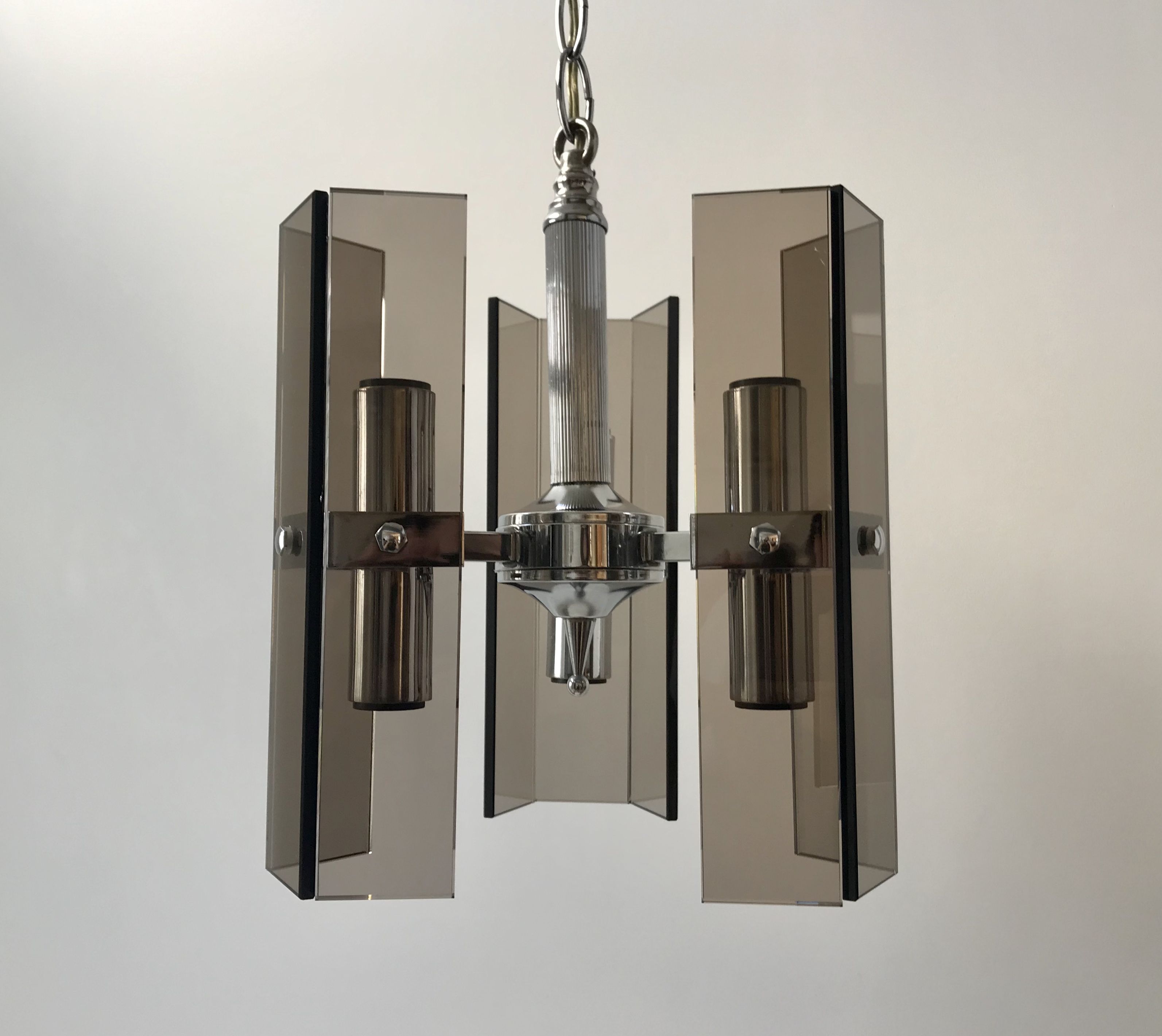 Chrome metal pendant lamp and smoked glass futuristic style 70s
