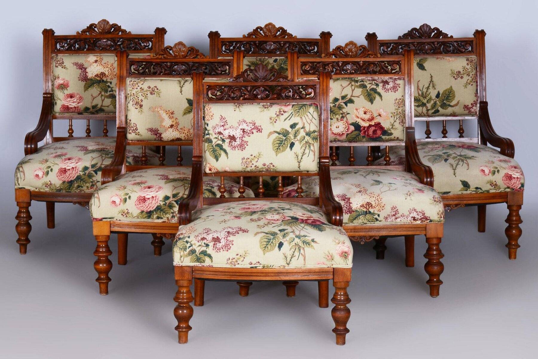 Czech Living Room Set in Beech and Walnut, 1890s, Set of 7