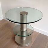 Guéridon en métal brossé et dalles de verre