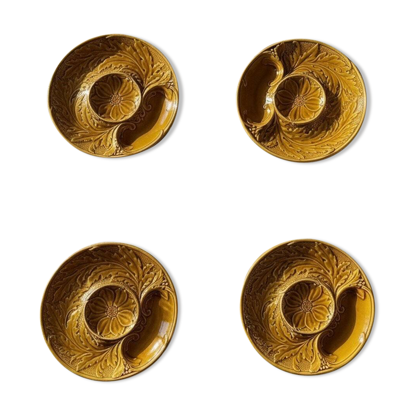 Set of plates, artichoke dishes, mustard yellow earthenware Gien vintage