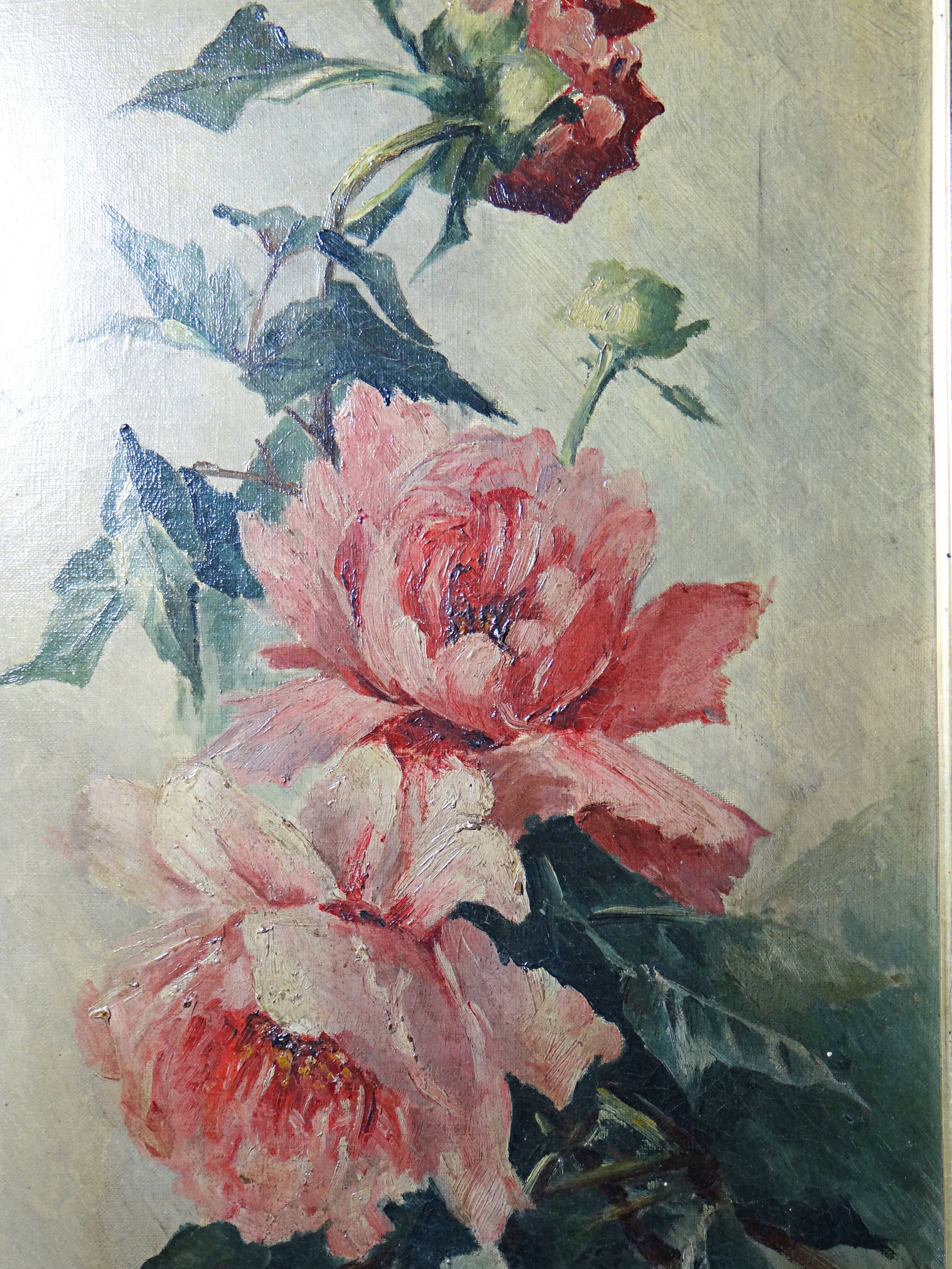 Large antique painting of peonies, signed E. Jacque, late 19th to early 20th century.