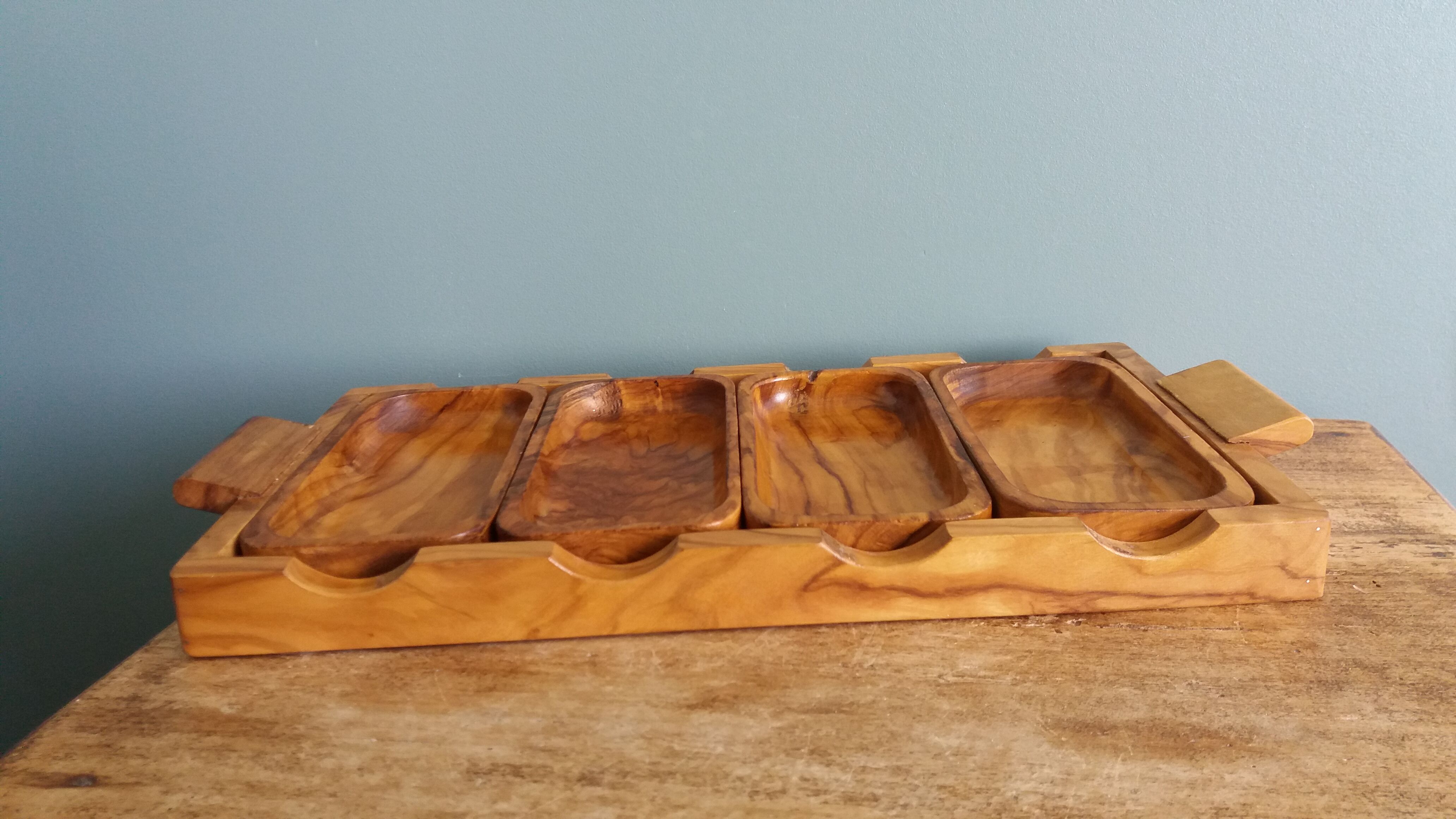 Olive wood aperitif platter and ramekins