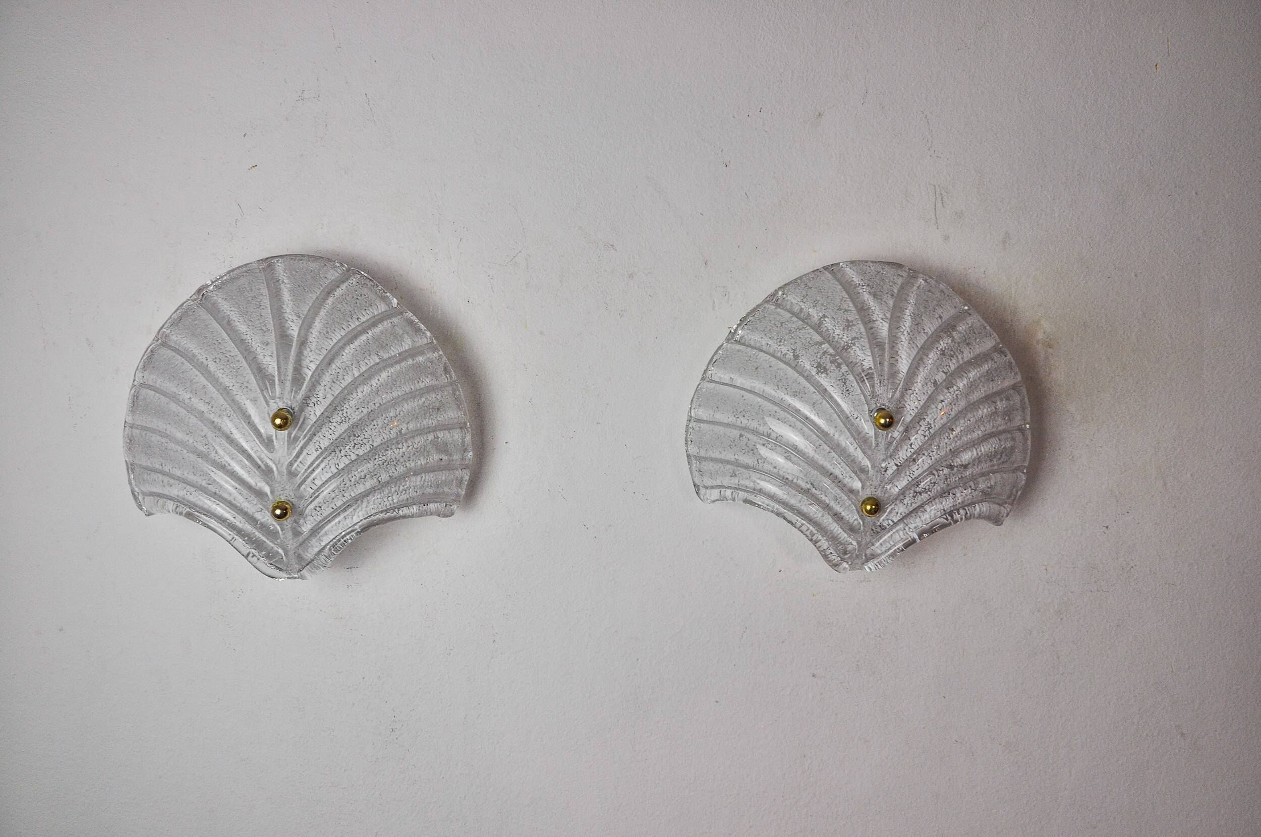 Pair of XL shell wall lights, frosted Murano glass, Italy, 1980