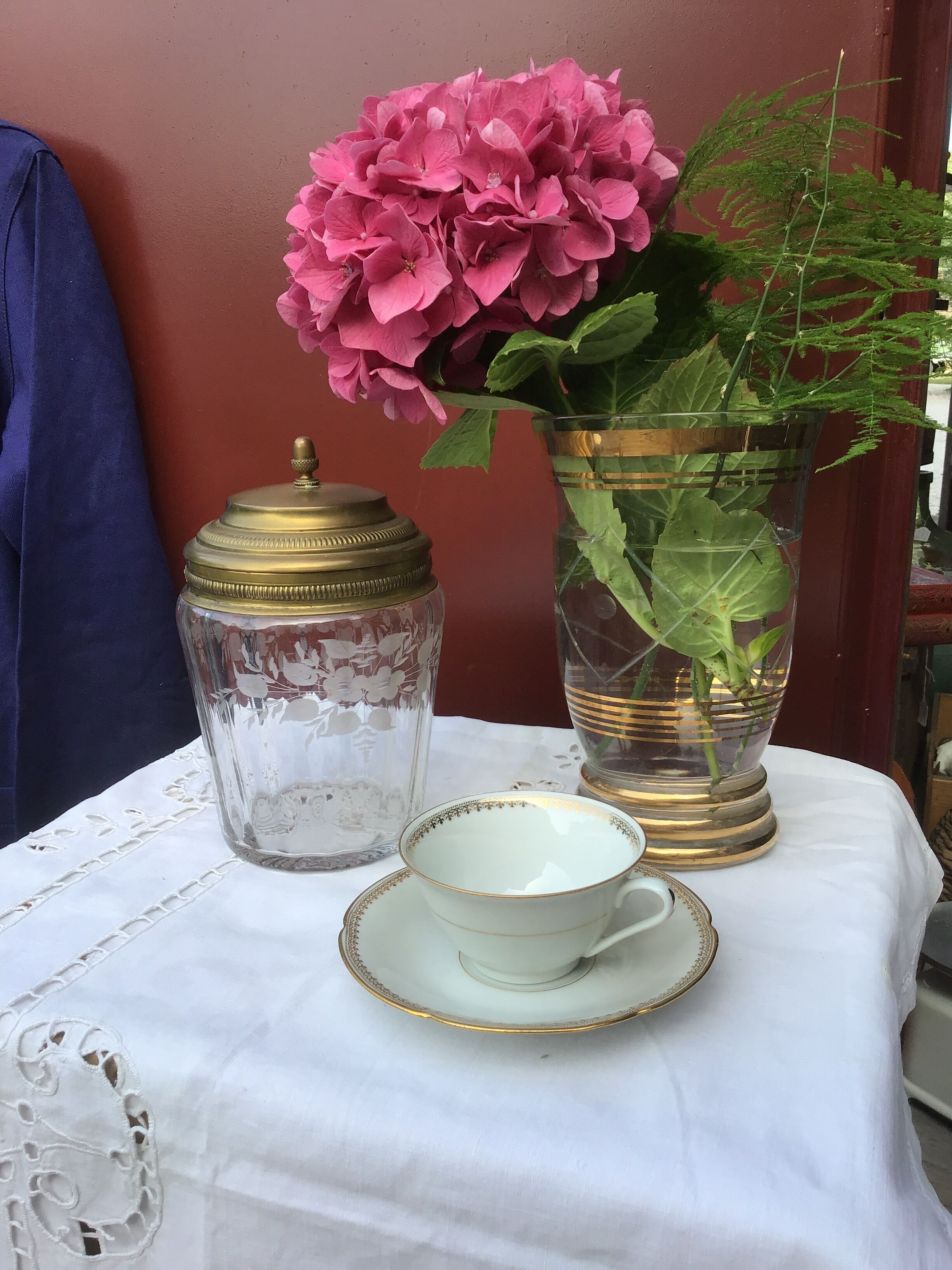 Glass cookie jar engraved metal frame brass