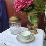 Glass cookie jar engraved metal frame brass