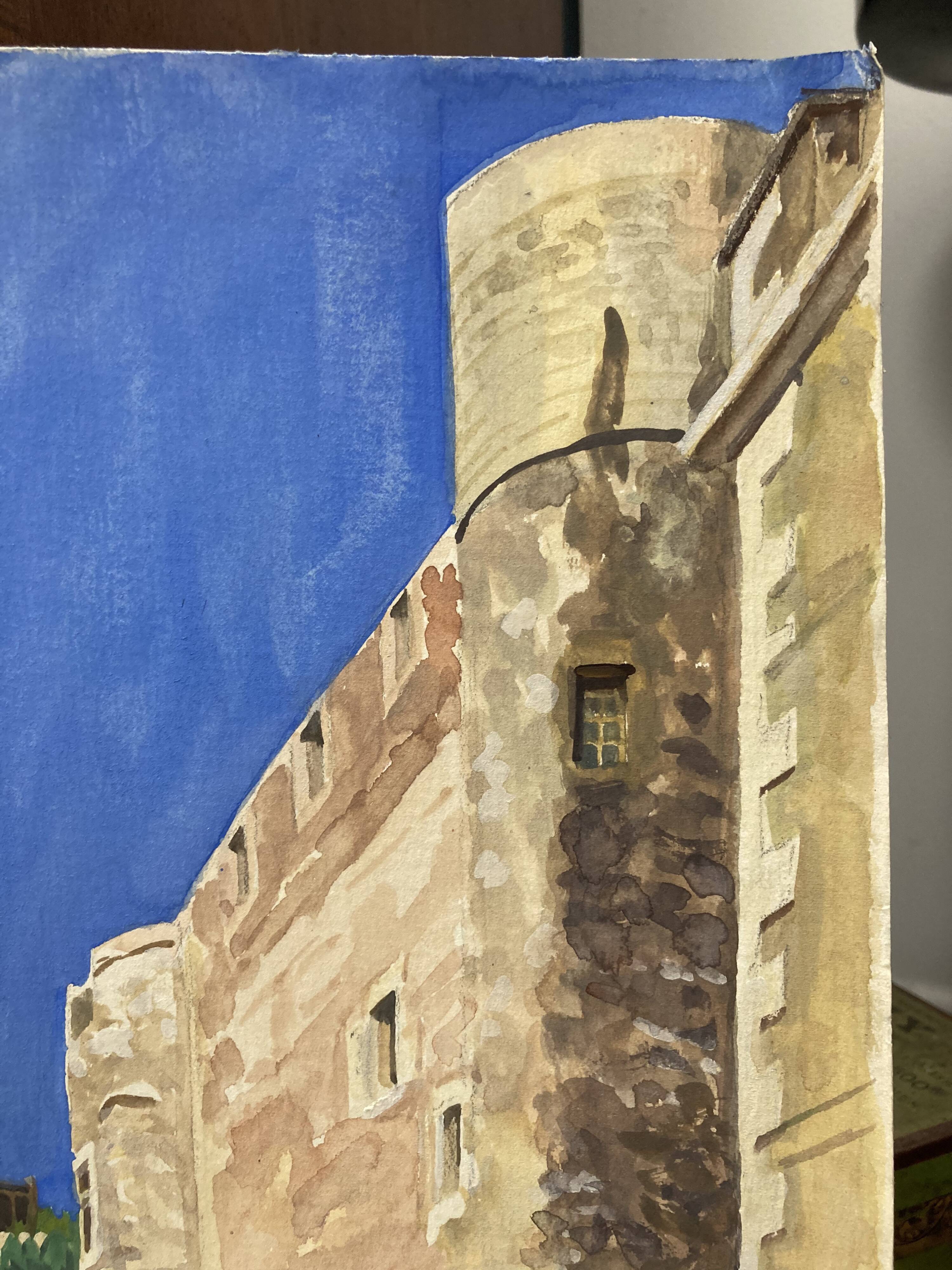 Watercolor Provencal landscape with fortified ramparts