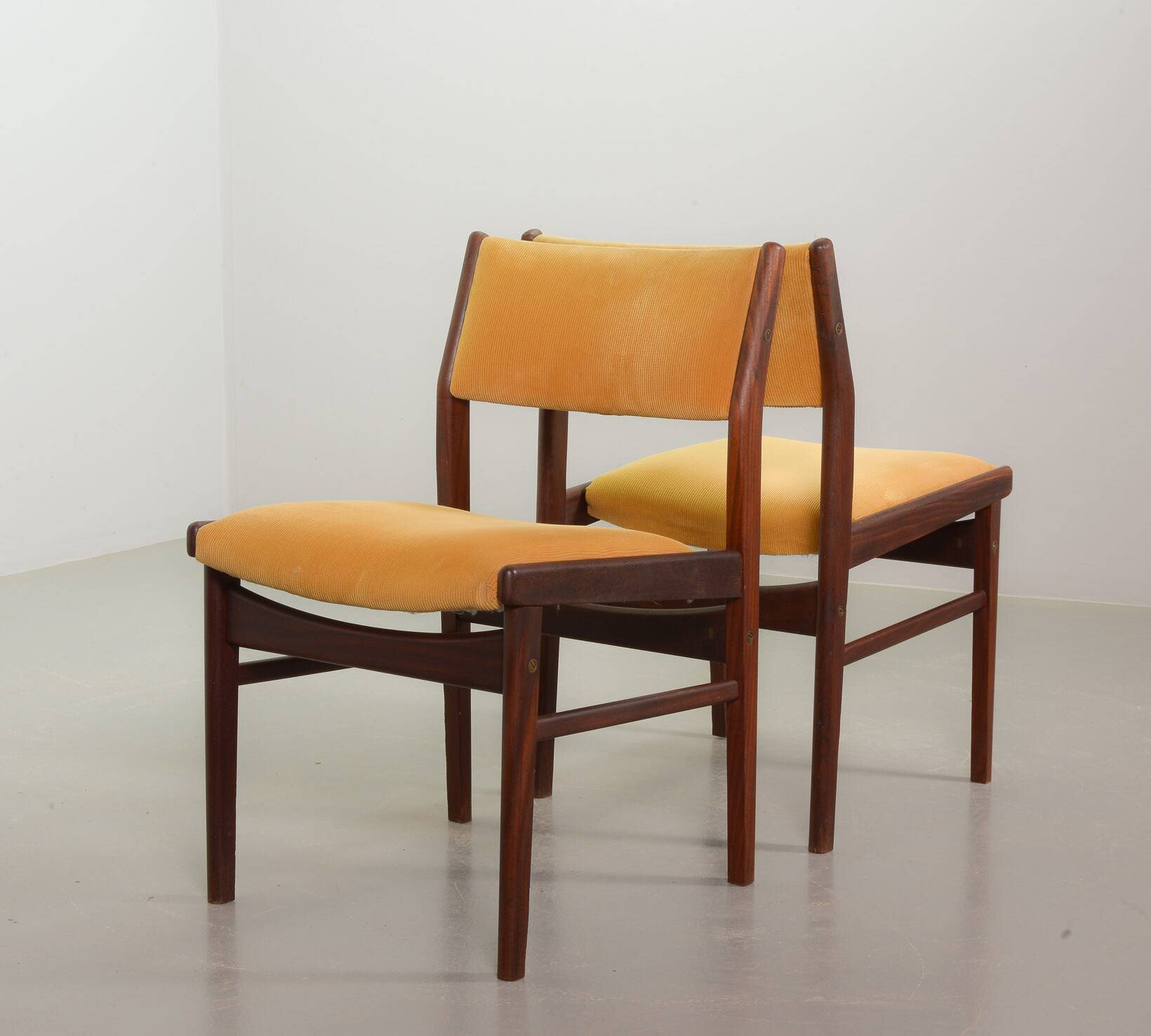 Vintage Design Teak Wooden Dining Chairs with Honey Yellow Corduroy Fabric