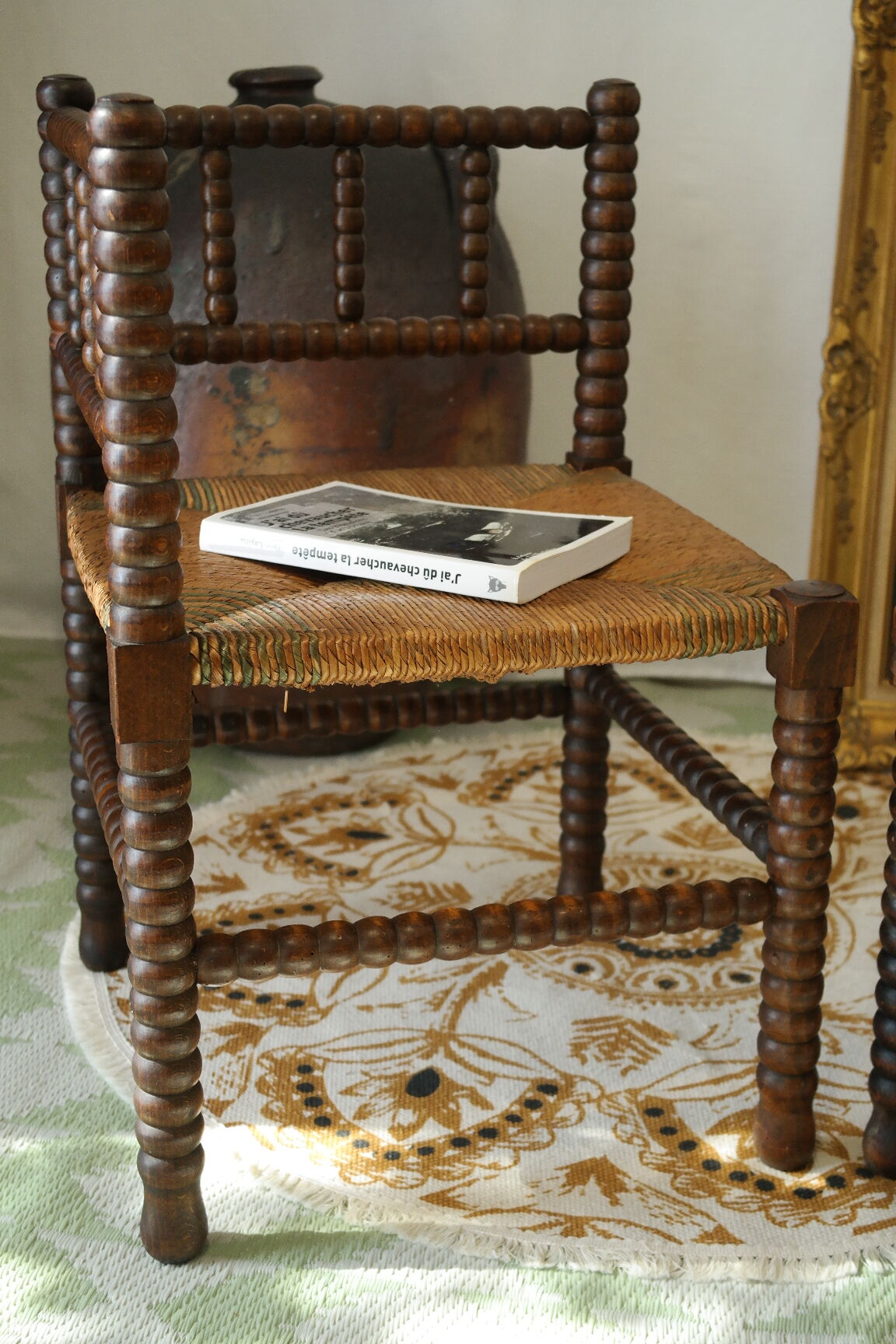 Pair of chairs corner fireplace turned beaded wood