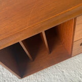 1970’s mid century modern large solid teak coffee table, media stand on castors